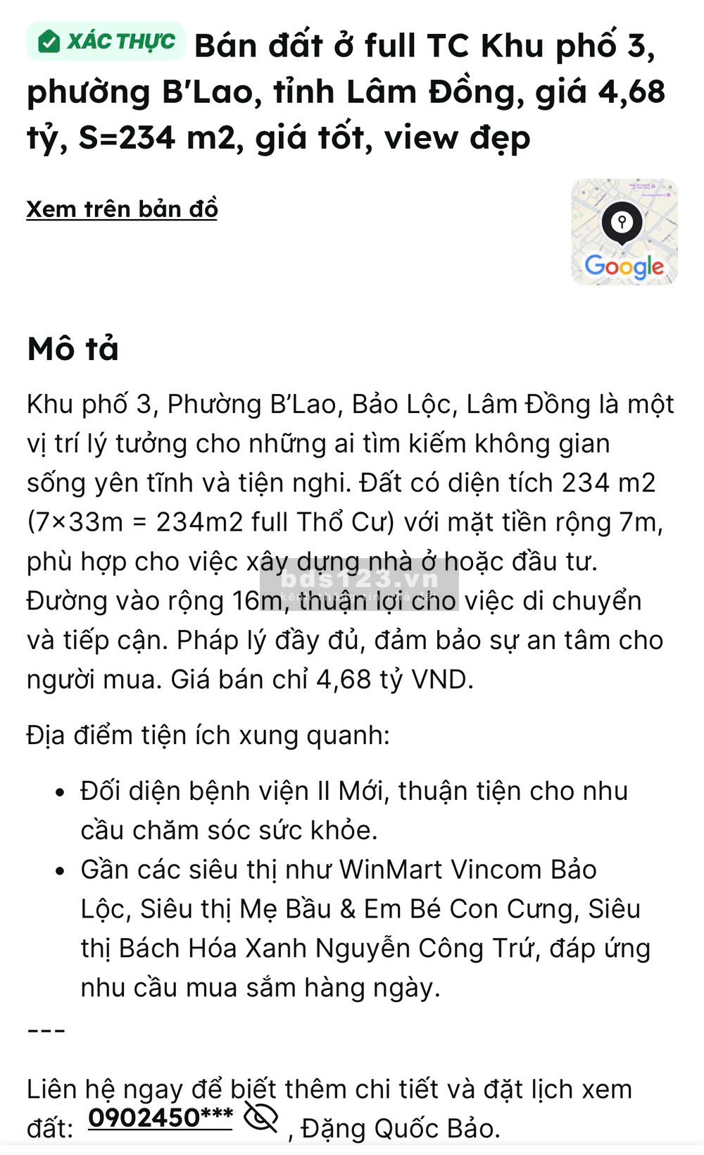 Đất Mặt tiền Khu phố 3, phường B'Lao (7 x33m = 234m2 full Thổ cư)
