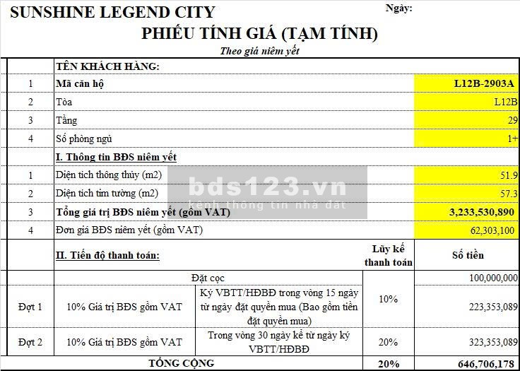 Cần bán căn hộ Dự án Sunshine Legend City đã đóng 20% đã…