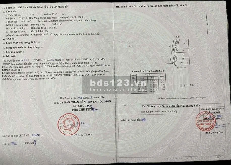 Bán đất thổ cư 147.1m2 hẻm xe hơi ngay thị trấn Hóc Môn