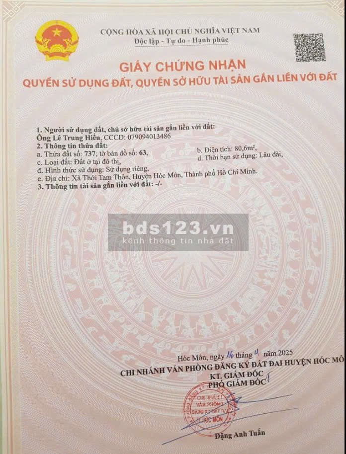 Bán đất thổ cư ở Thới Tam Thôn, Hóc Môn hẻm xe hơi