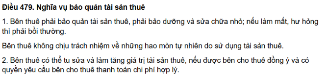 Điều 479 của Bộ luật Dân sự 2015 quy định về nghĩa vụ bảo quản tài sản thuê của bên thuê.