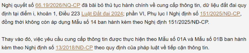 Thủ tục cung cấp thông tin, dữ liệu đất đai không còn thực hiện trên Cổng dịch vụ công theo 66.19/2026/NQ-CP