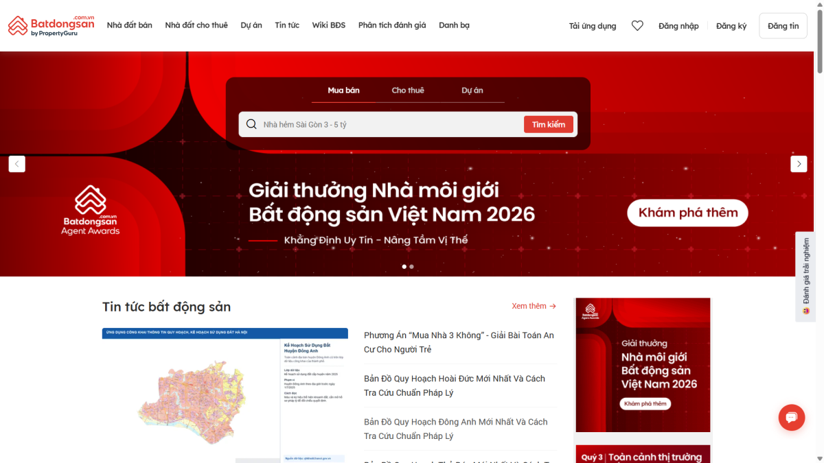 Giao diện trang chủ của website batdongsan.com.vn