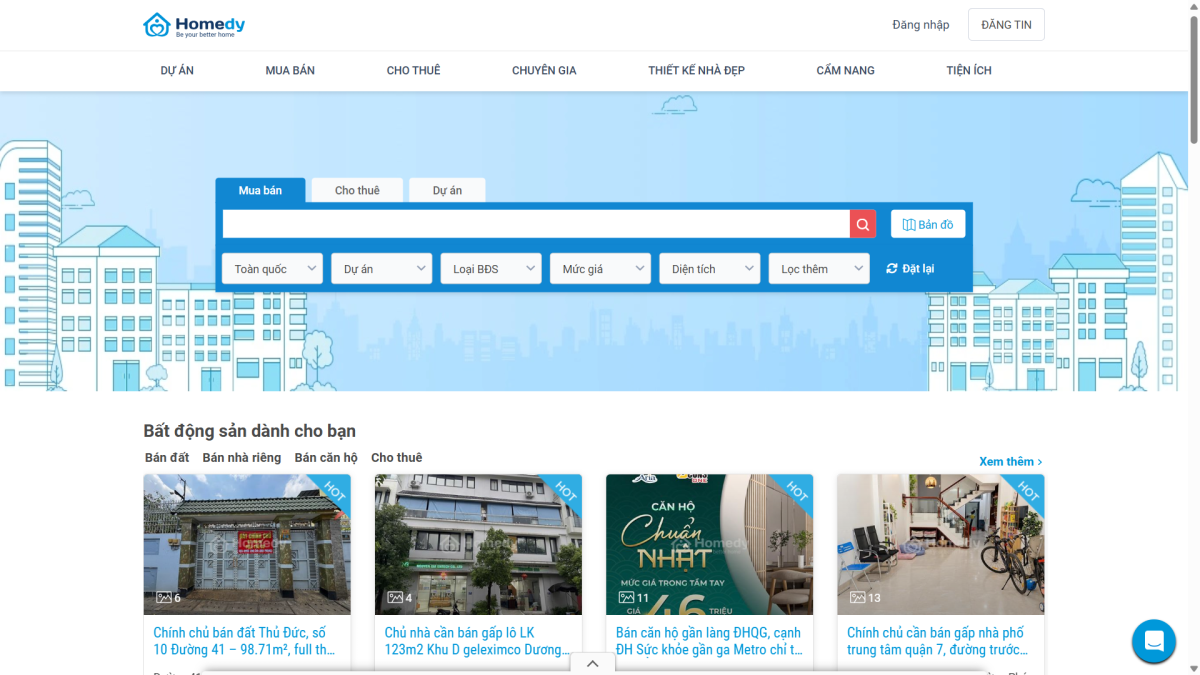 Giao diện website mua bán nhà đất Homedy