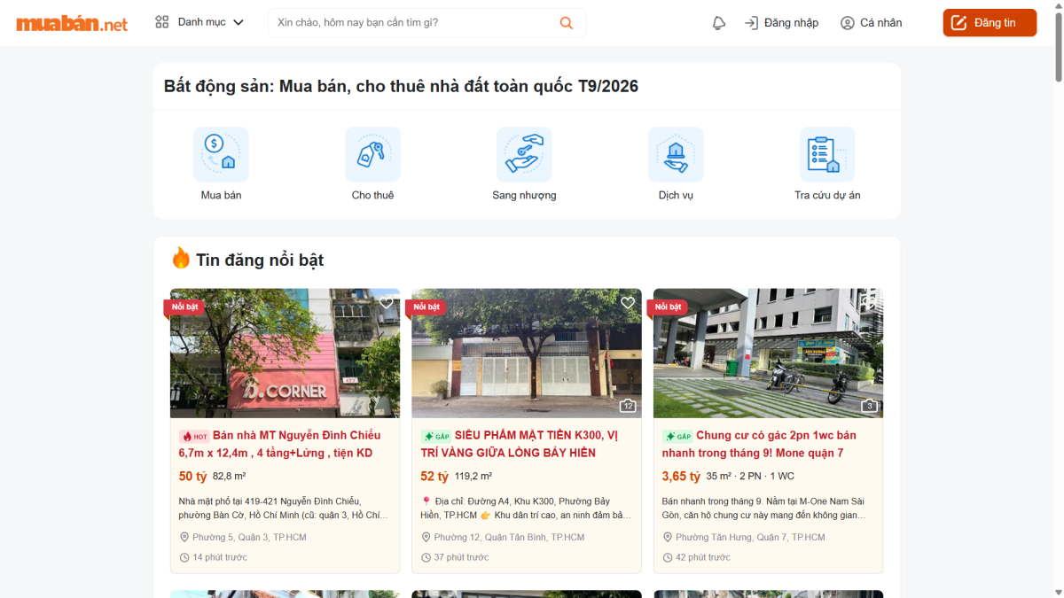 Giao diện trang đăng tin bất động sản của Muaban.net