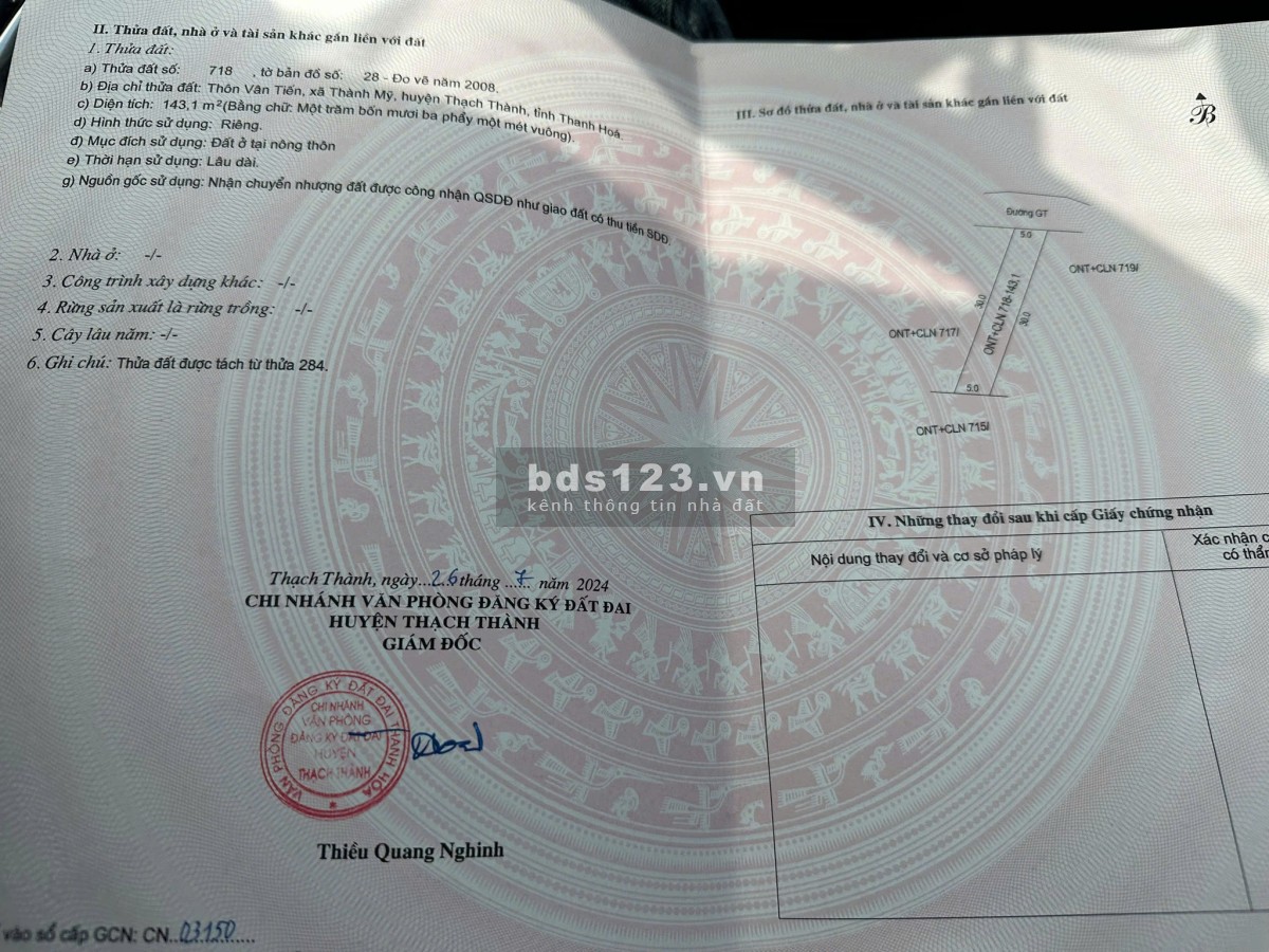 Bán đất Vân Tiến, X.Thành Mỹ, H.Thạch Thành, Thanh Hóa. 143m2…