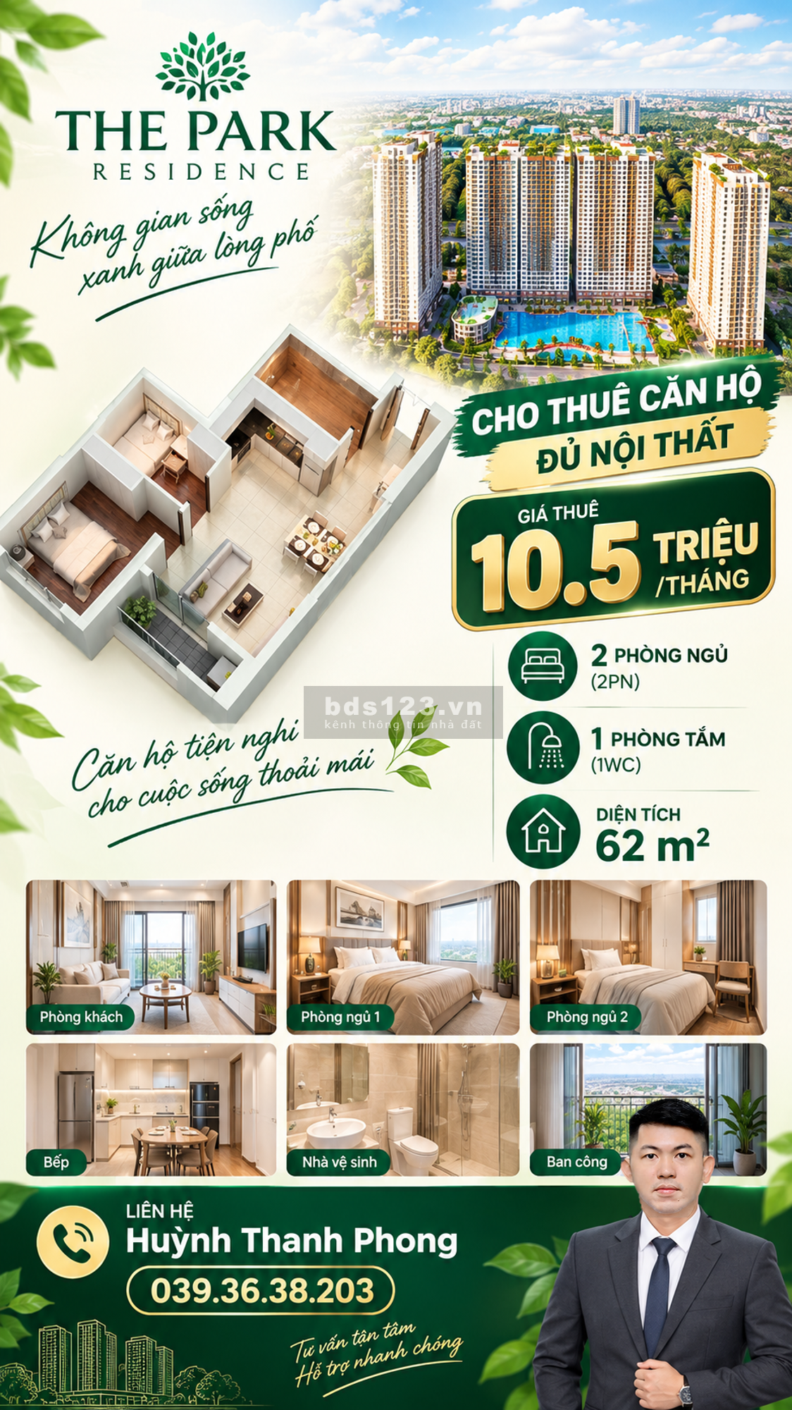Cho thuê 2PN1WC 62m2 - 10.5 triệu/tháng - The Park Residence