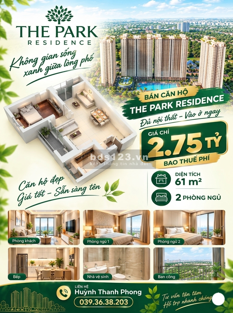 61m2 - Giá 2.75 tỷ bao thuế phí - 2PN1WC The Park Residence